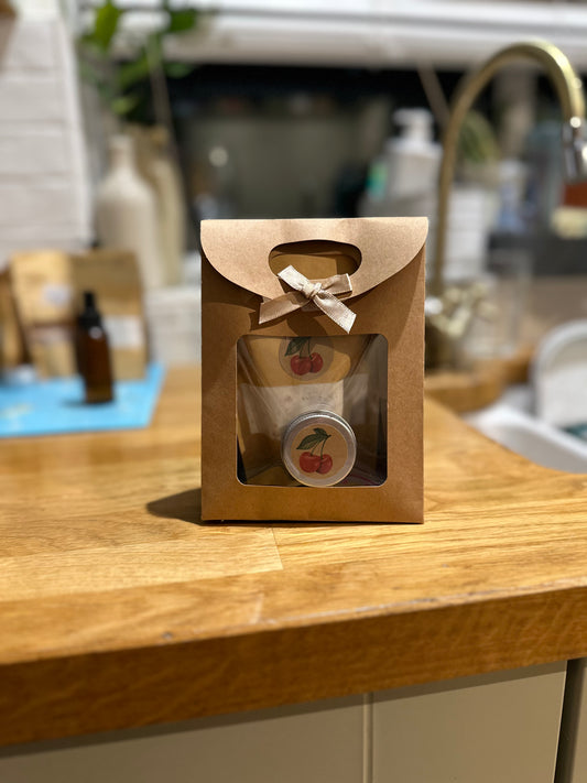 Cherry bath soak and lip balm gift set